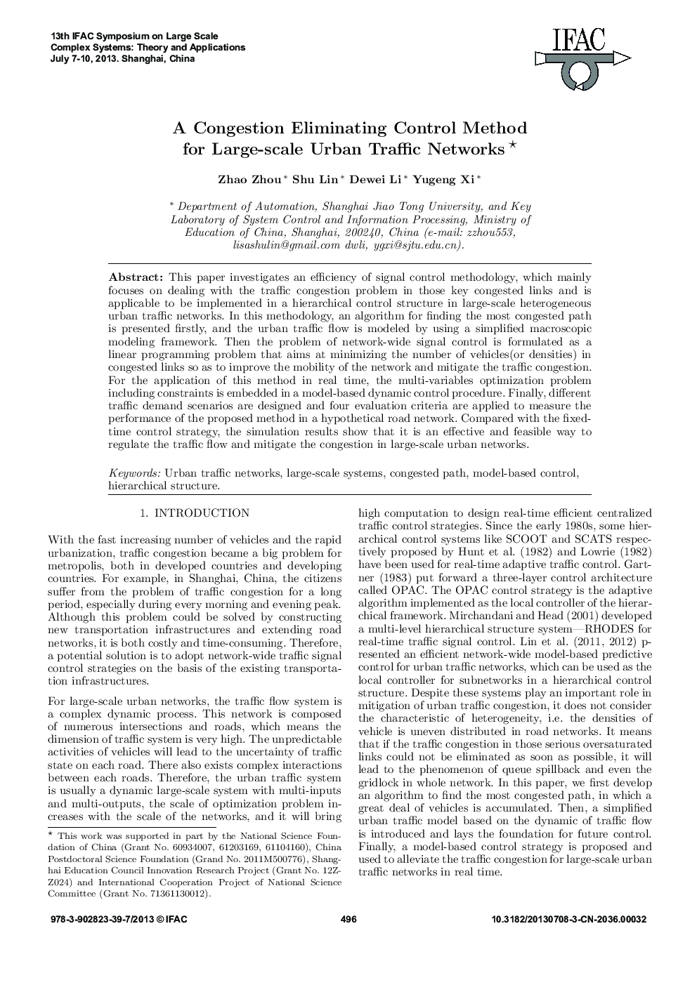 A Congestion Eliminating Control Method for Large-scale Urban Traffic Networks* 