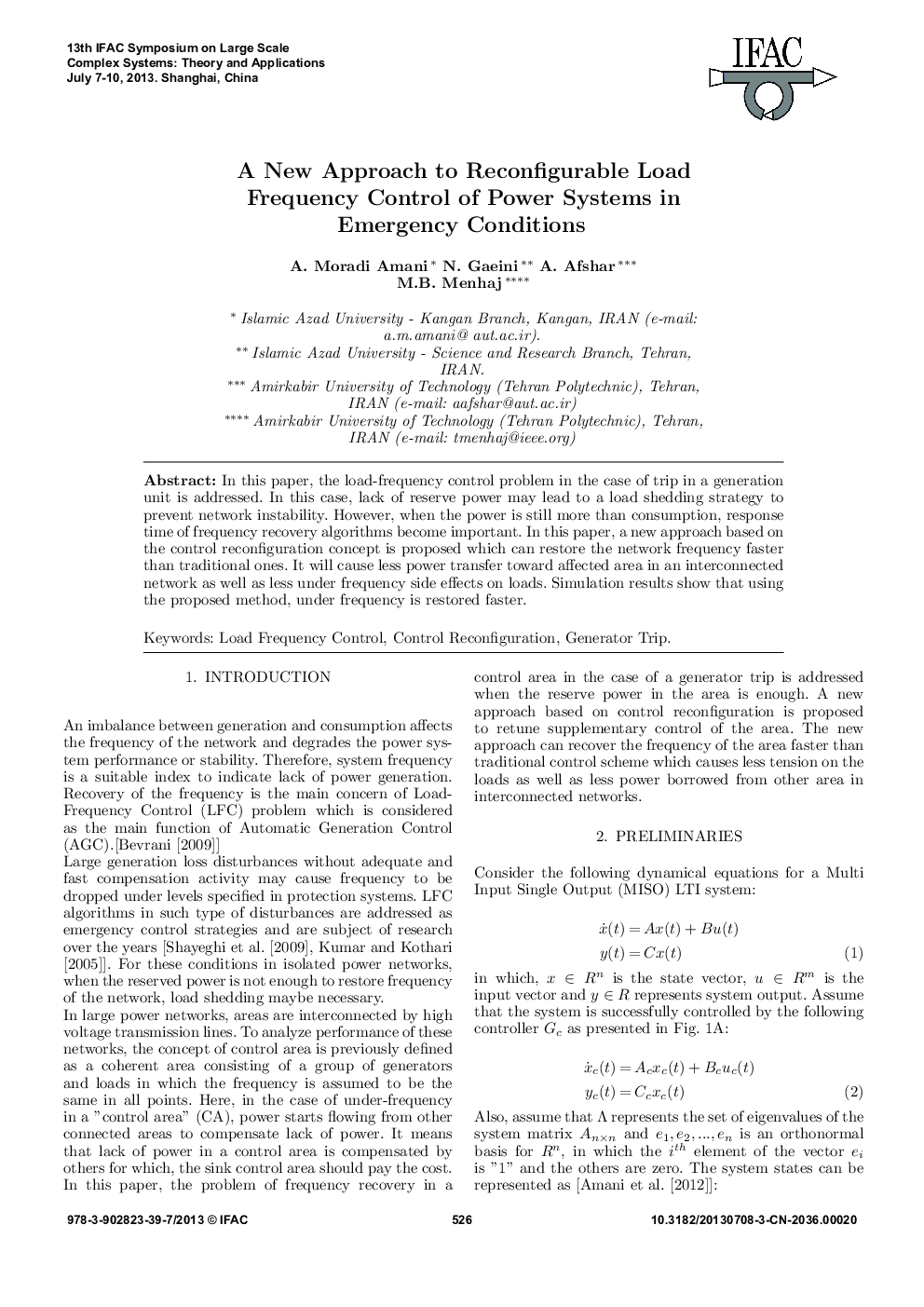 A New Approach to Reconfigurable Load Frequency Control of Power Systems in Emergency Conditions