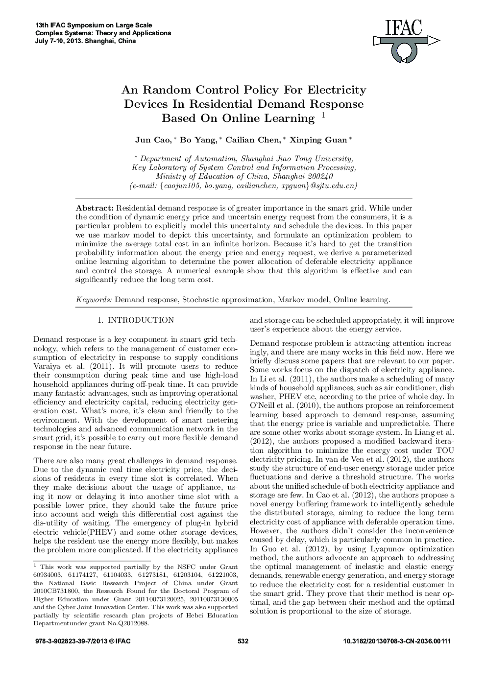 An Random Control Policy For Electricity Devices In Residential Demand Response Based On Online Learning 1 