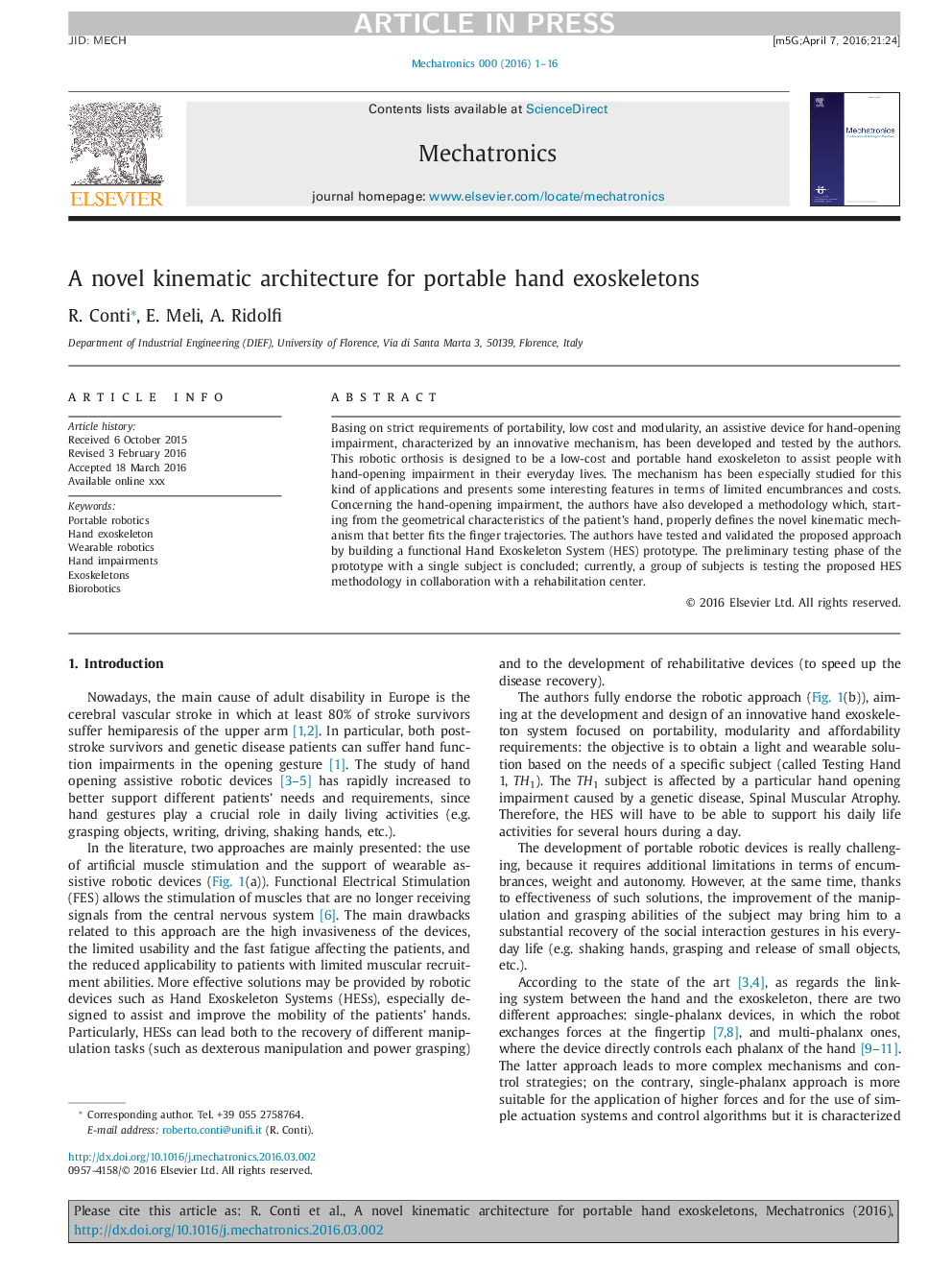 A novel kinematic architecture for portable hand exoskeletons