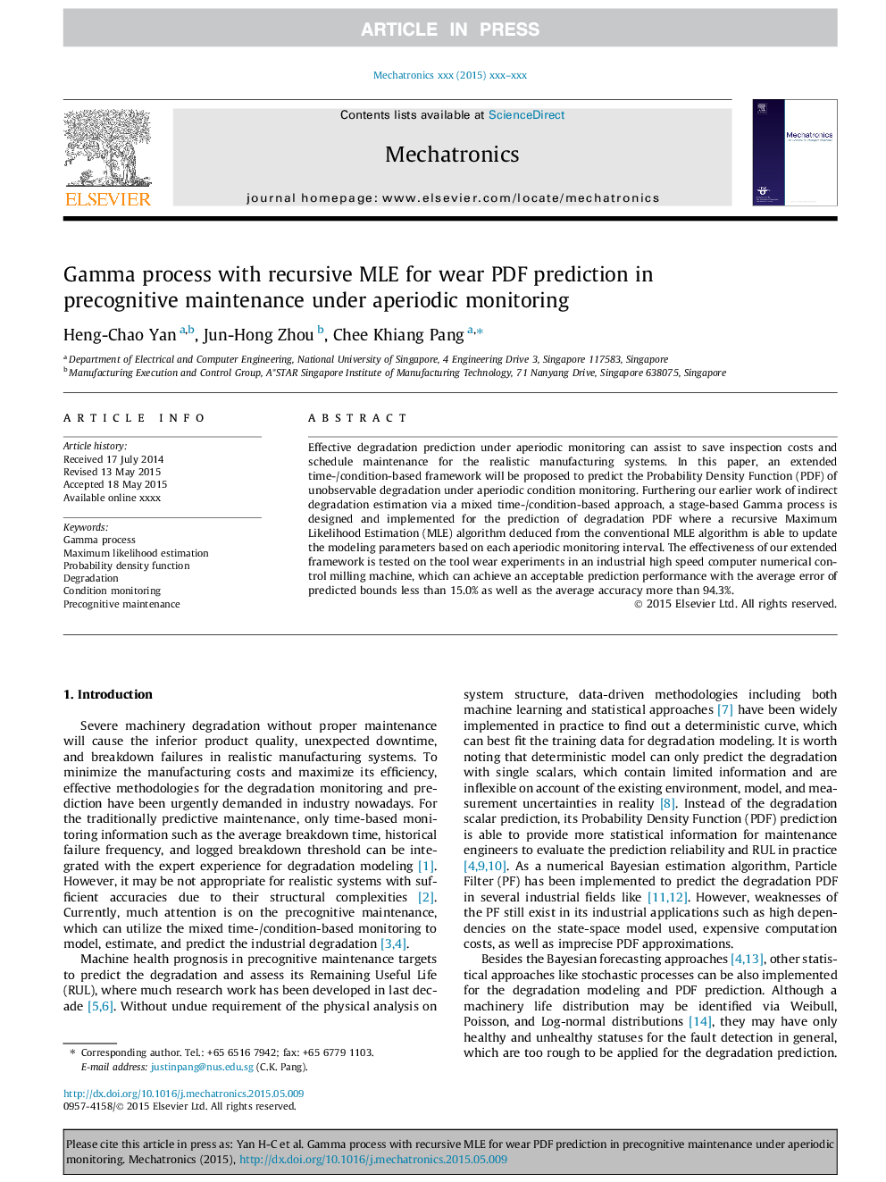 Gamma process with recursive MLE for wear PDF prediction in precognitive maintenance under aperiodic monitoring