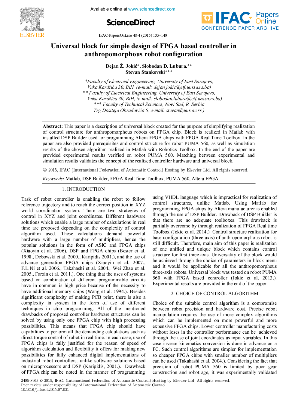 Universal block for simple design of FPGA based controller in anthropomorphous robot configuration
