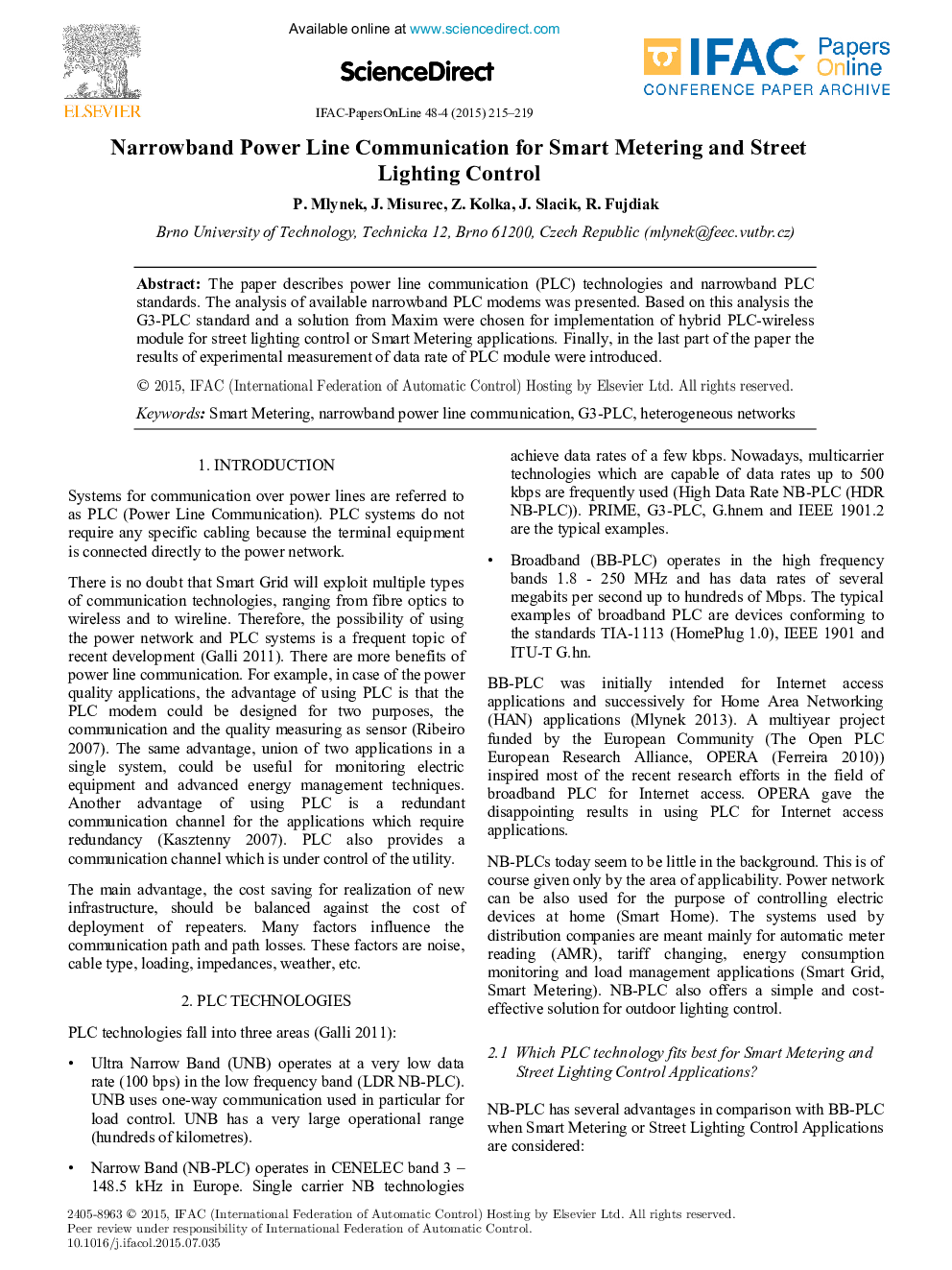 Narrowband Power Line Communication for Smart Metering and Street Lighting Control