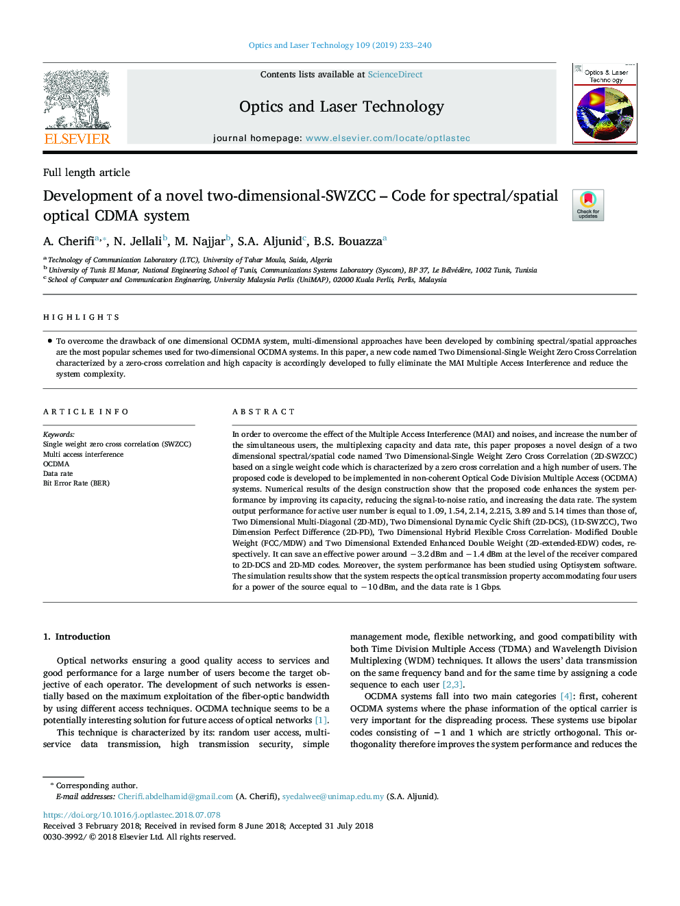 Development of a novel two-dimensional-SWZCC - Code for spectral/spatial optical CDMA system