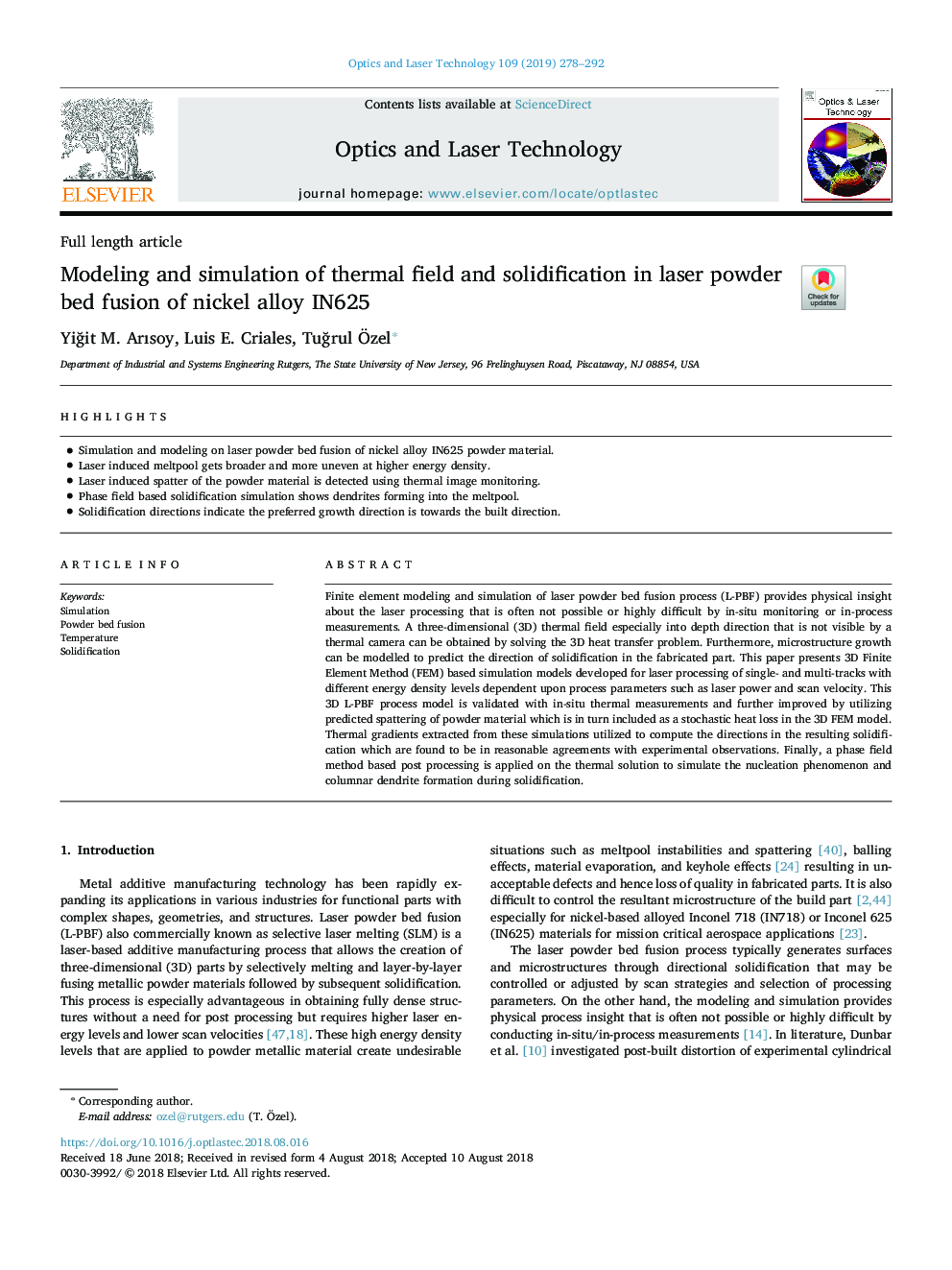 Modeling and simulation of thermal field and solidification in laser powder bed fusion of nickel alloy IN625