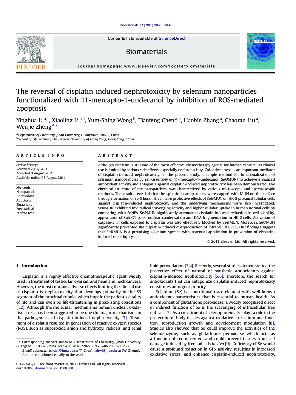 The reversal of cisplatin-induced nephrotoxicity by selenium nanoparticles functionalized with 11-mercapto-1-undecanol by inhibition of ROS-mediated apoptosis