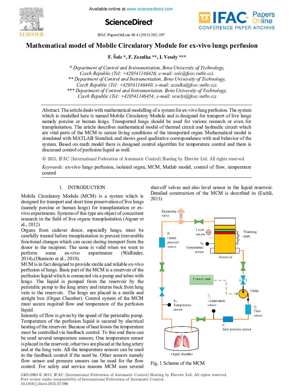Mathematical model of Mobile Circulatory Module for ex-vivo lungs perfusion