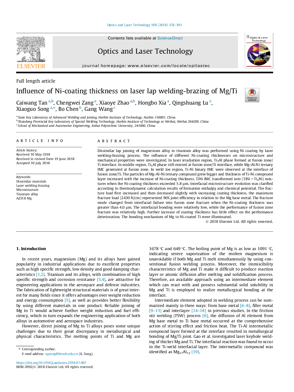 Influence of Ni-coating thickness on laser lap welding-brazing of Mg/Ti