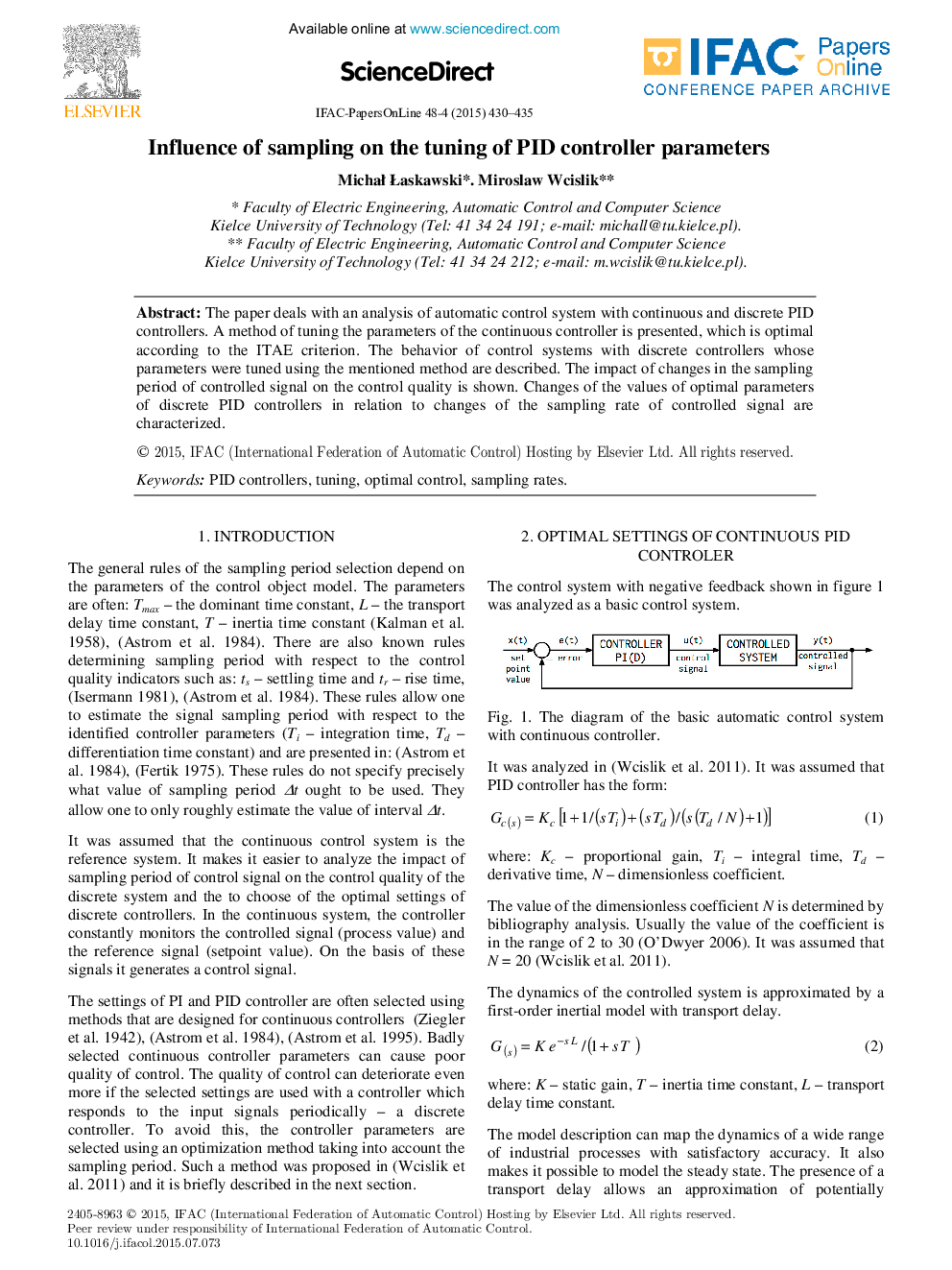 Influence of sampling on the tuning of PID controller parameters