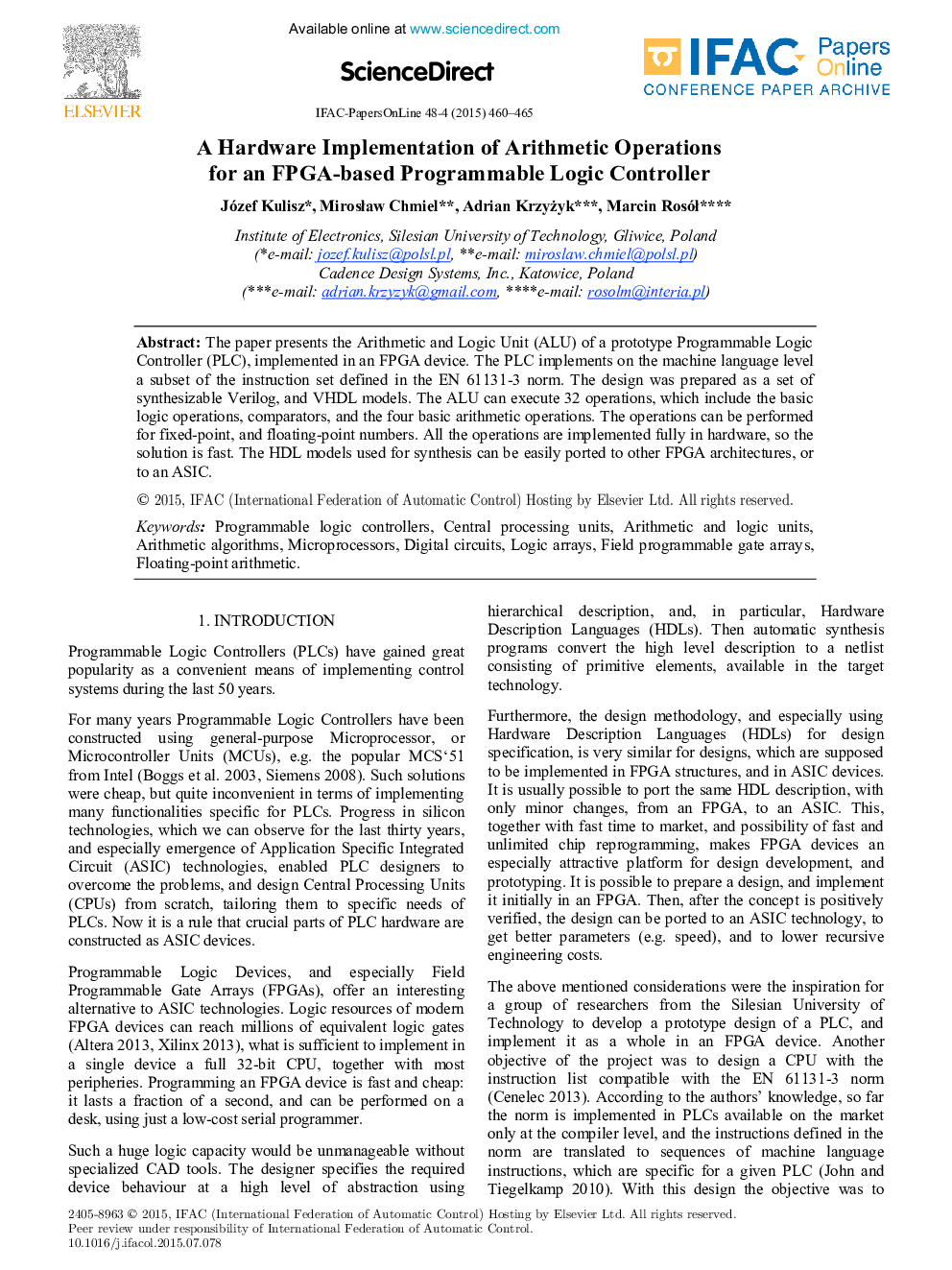 A Hardware Implementation of Arithmetic Operations for an FPGA-based Programmable Logic Controller
