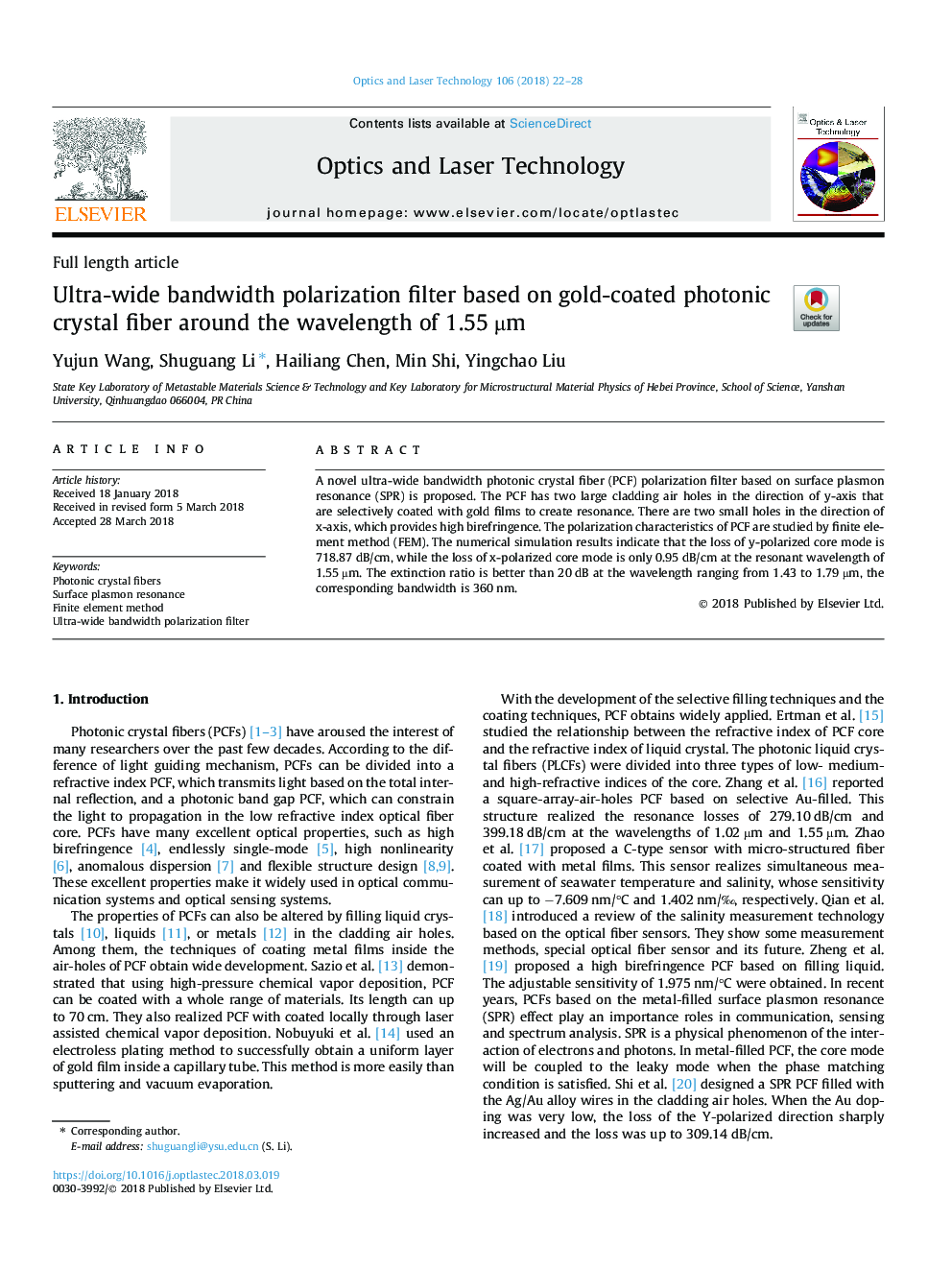 Ultra-wide bandwidth polarization filter based on gold-coated photonic crystal fiber around the wavelength of 1.55â¯Âµm