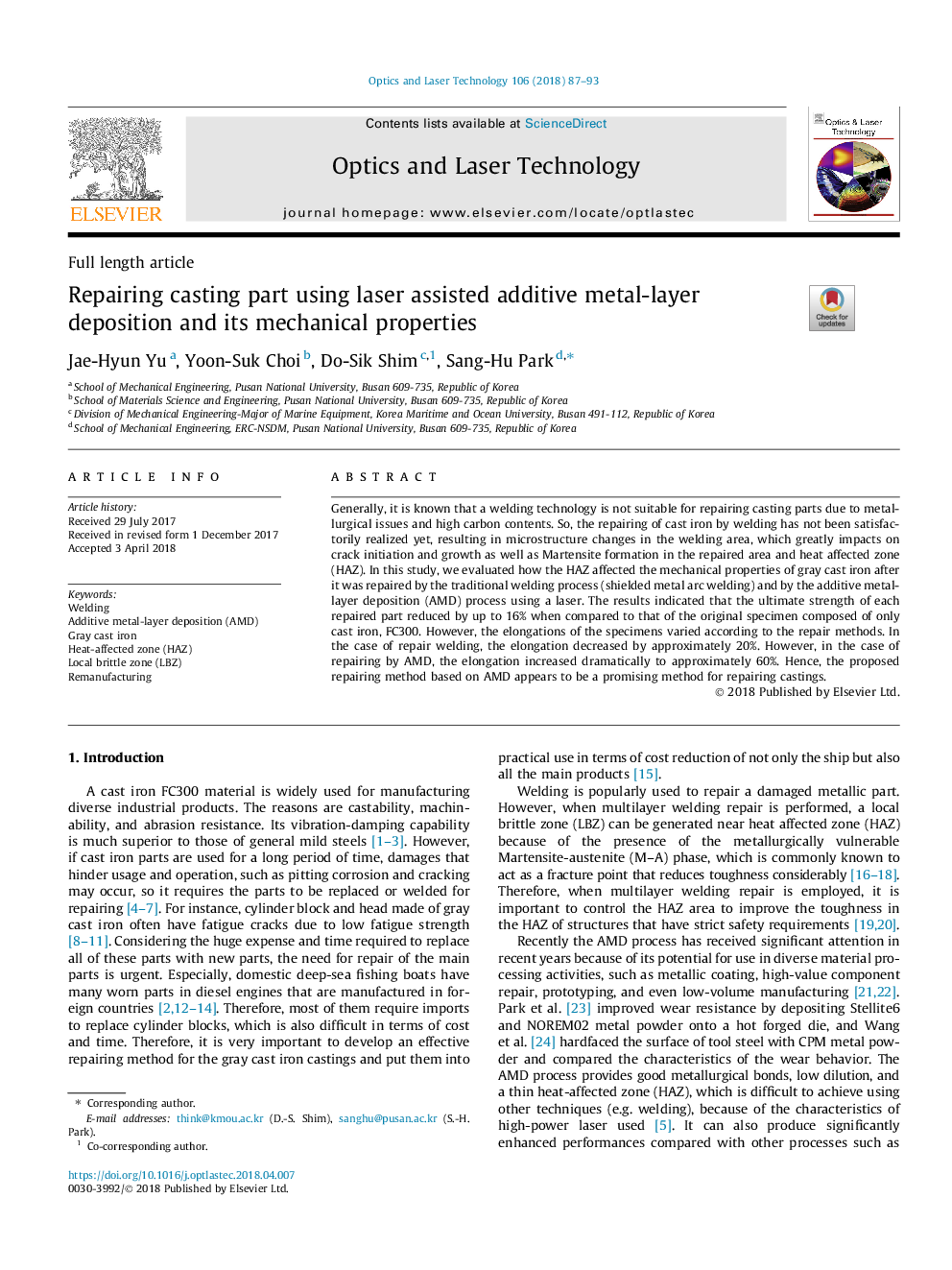 Repairing casting part using laser assisted additive metal-layer deposition and its mechanical properties