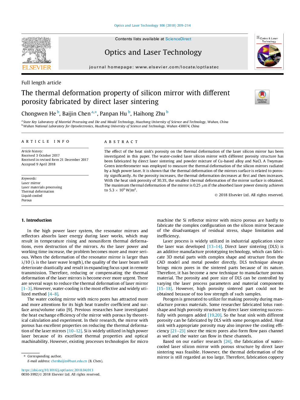 The thermal deformation property of silicon mirror with different porosity fabricated by direct laser sintering