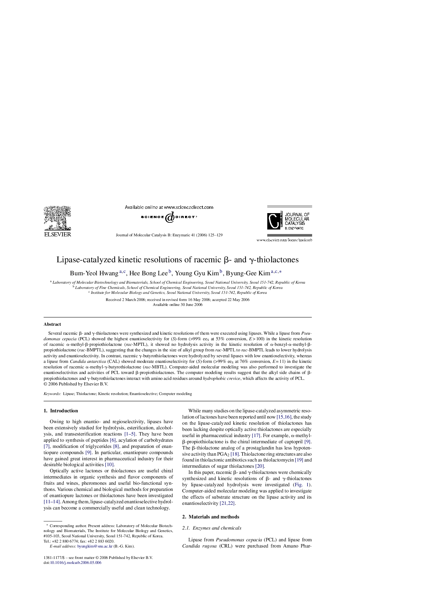 عکس صفحه اول مقاله: Lipase-catalyzed kinetic resolutions of racemic β- and γ-thiolactones Lipase-catalyzed kinetic resolutions of racemic β- and γ-thiolactones