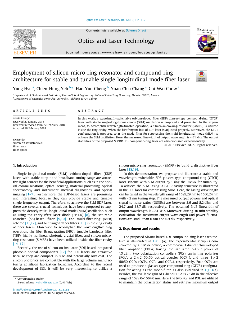 Employment of silicon-micro-ring resonator and compound-ring architecture for stable and tunable single-longitudinal-mode fiber laser