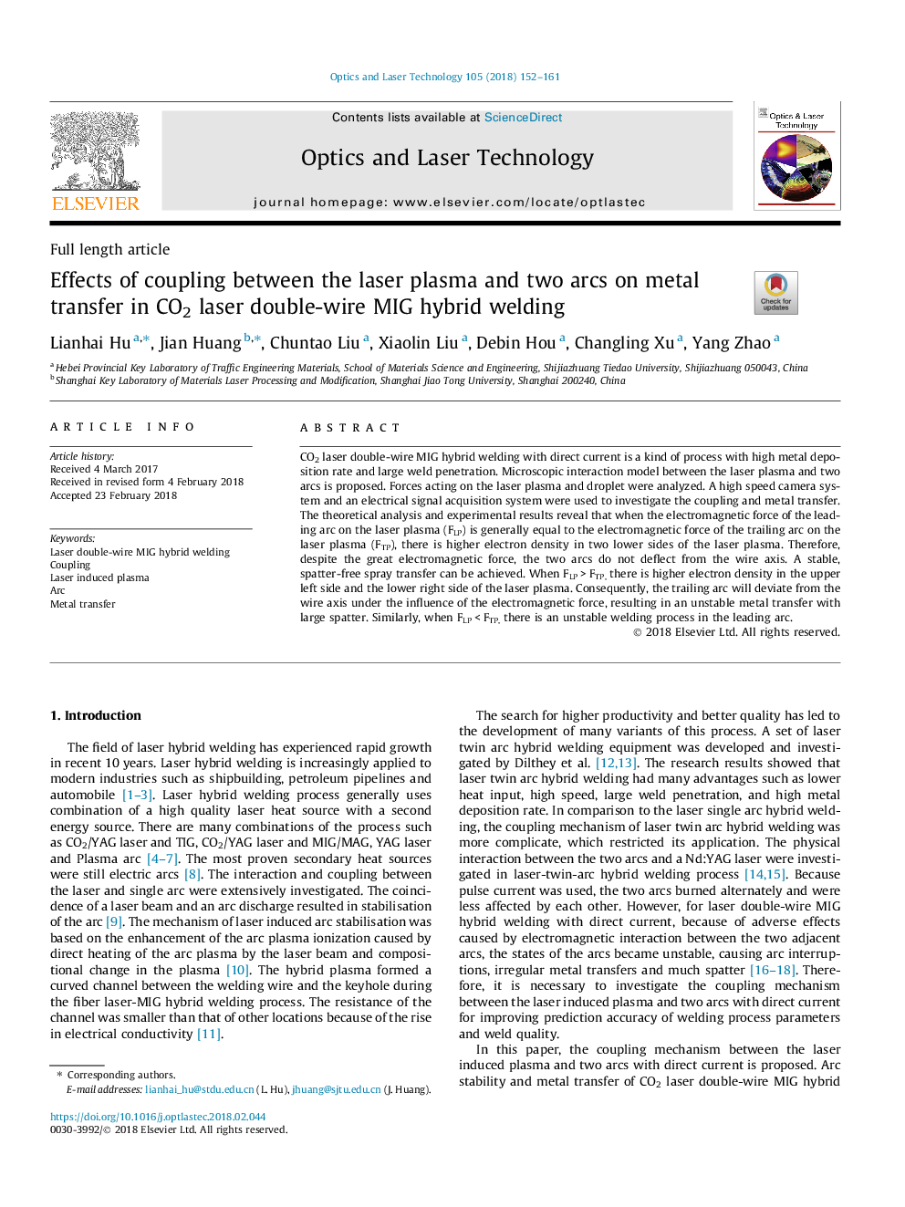 Effects of coupling between the laser plasma and two arcs on metal transfer in CO2 laser double-wire MIG hybrid welding