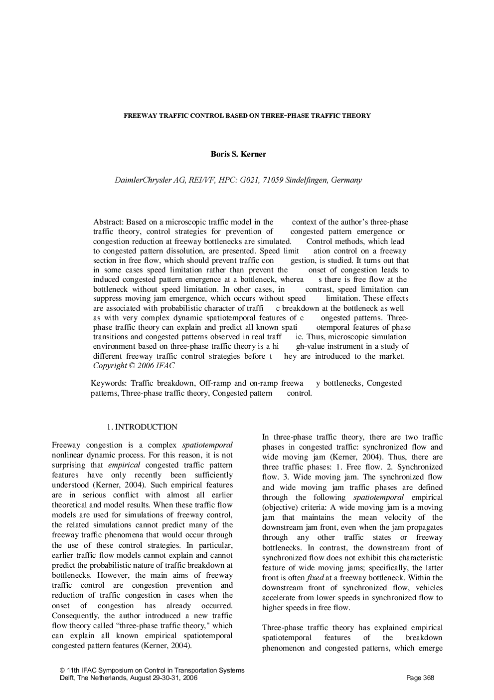 FREEWAY TRAFFIC CONTROL BASED ON THREE-PHASE TRAFFIC THEORY