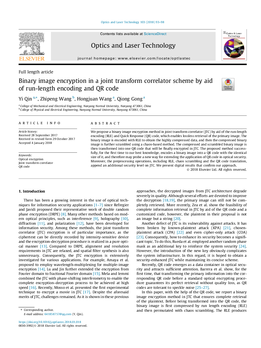 Binary image encryption in a joint transform correlator scheme by aid of run-length encoding and QR code