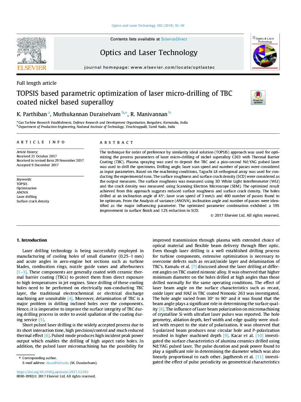 TOPSIS based parametric optimization of laser micro-drilling of TBC coated nickel based superalloy