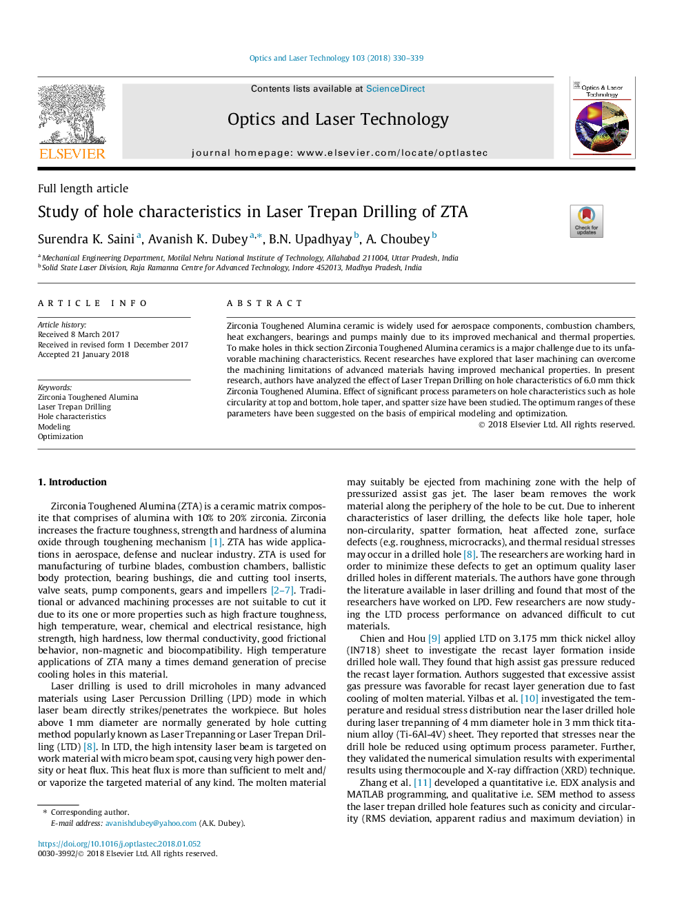 Study of hole characteristics in Laser Trepan Drilling of ZTA