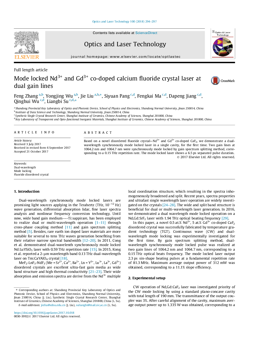 Mode locked Nd3+ and Gd3+ co-doped calcium fluoride crystal laser at dual gain lines