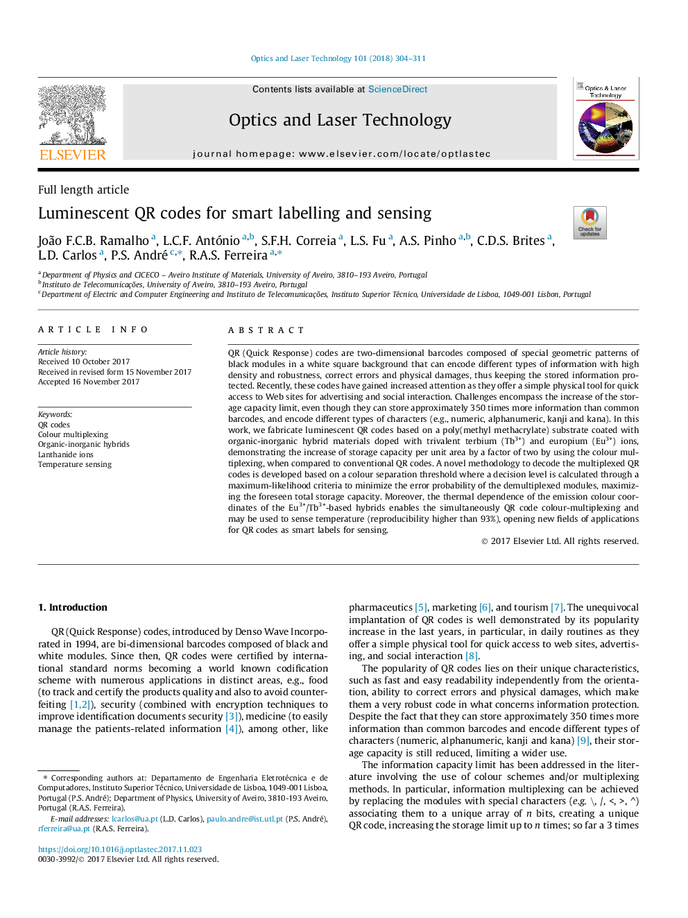 [INVITED] Luminescent QR codes for smart labelling and sensing