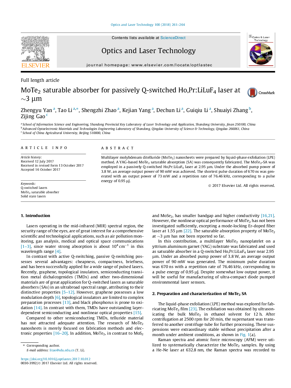 MoTe2 saturable absorber for passively Q-switched Ho,Pr:LiLuF4 laser at â¼3â¯Î¼m