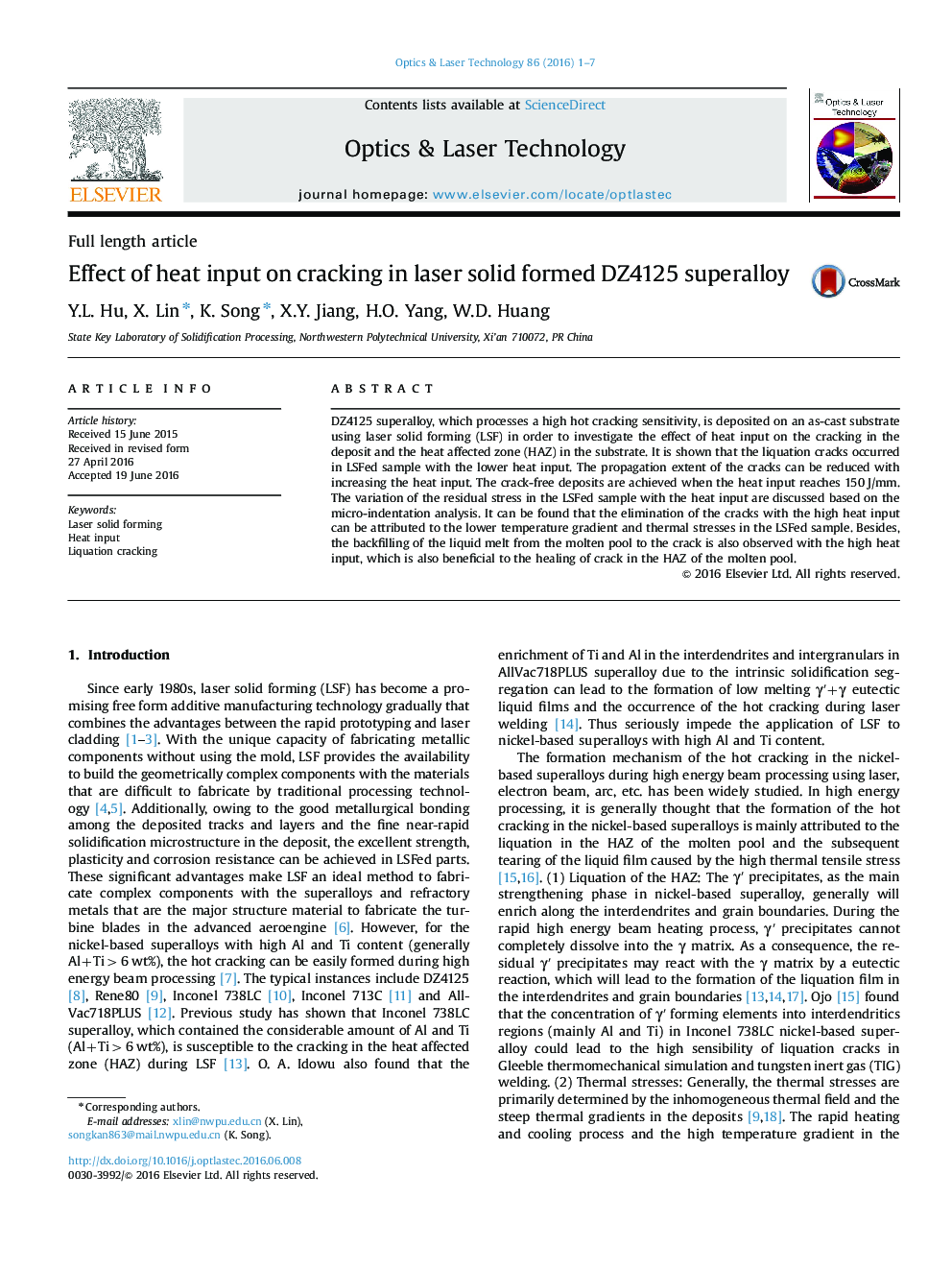 Effect of heat input on cracking in laser solid formed DZ4125 superalloy