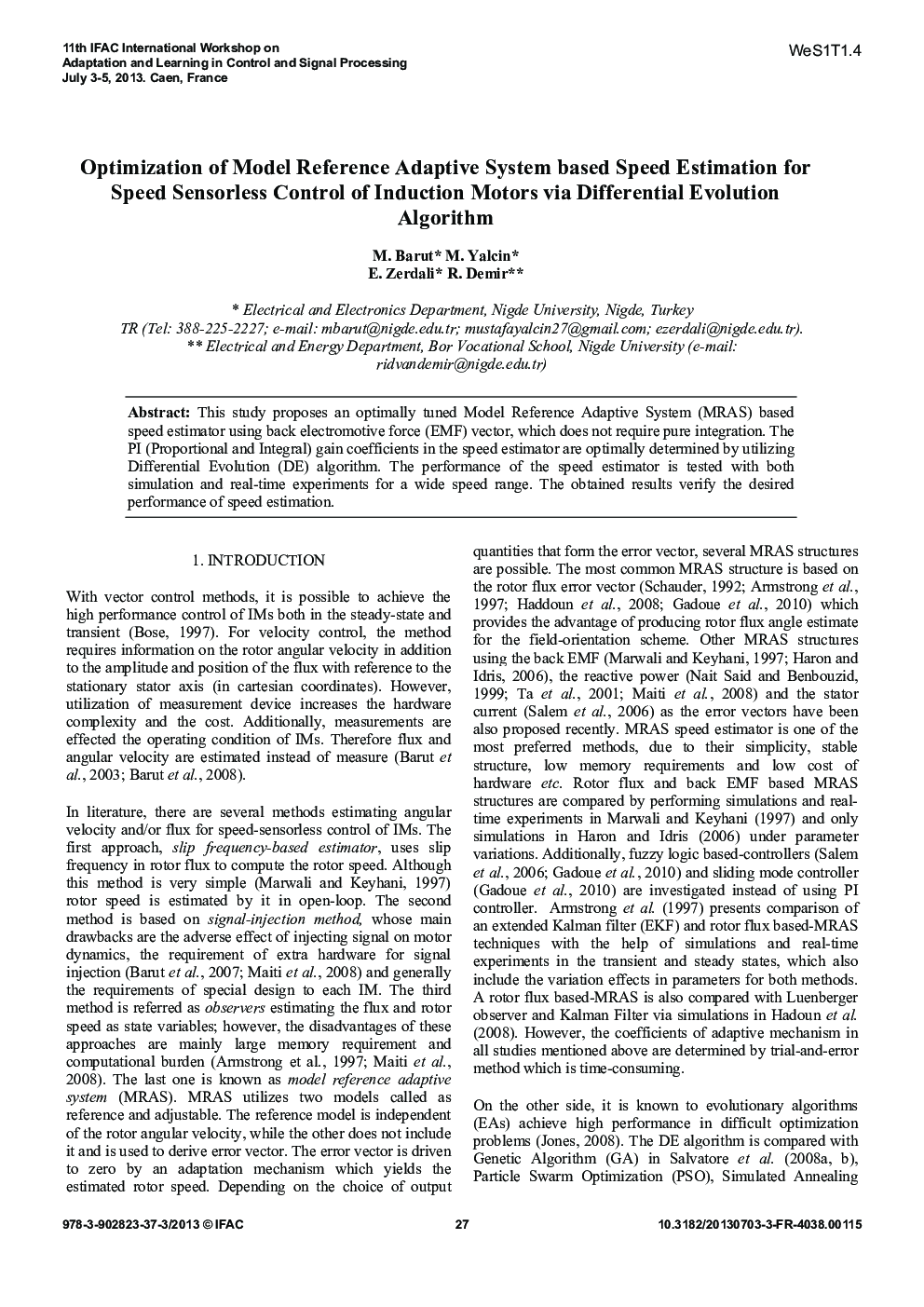 Optimization of Model Reference Adaptive System based Speed Estimation for Speed Sensorless Control of Induction Motors via Differential Evolution Algorithm