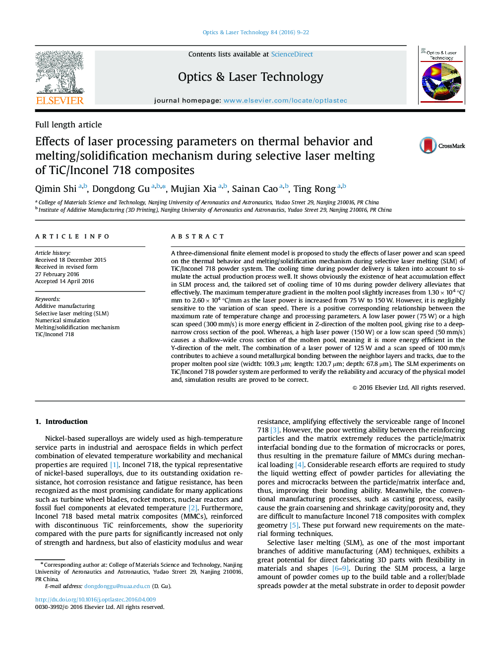 Effects of laser processing parameters on thermal behavior and melting/solidification mechanism during selective laser melting of TiC/Inconel 718 composites