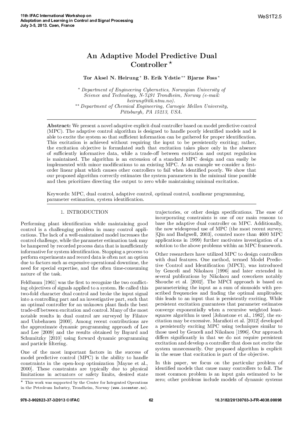 An Adaptive Model Predictive Dual Controller 