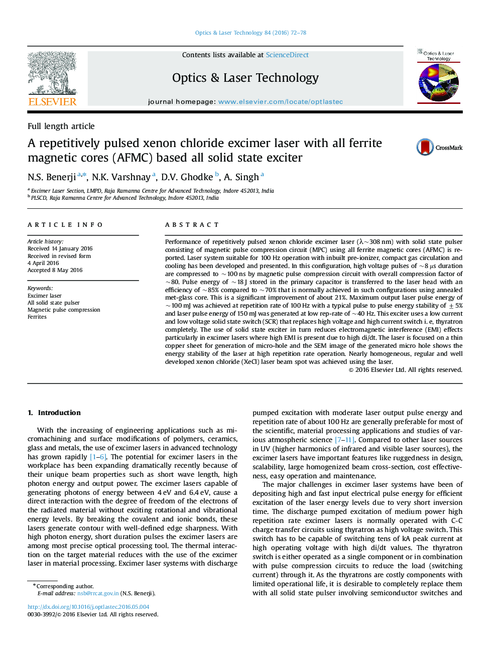 A repetitively pulsed xenon chloride excimer laser with all ferrite magnetic cores (AFMC) based all solid state exciter