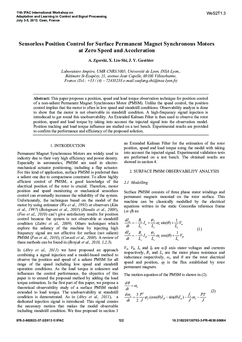 Sensorless Position Control for Surface Permanent Magnet Synchronous Motors at Zero Speed and Acceleration