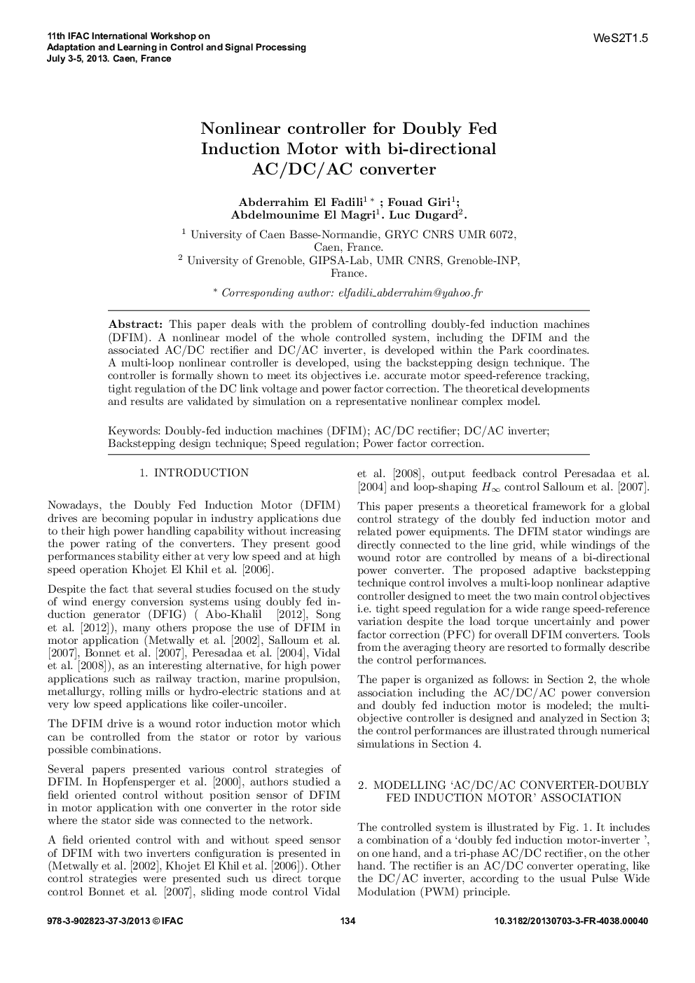 Nonlinear controller for Doubly Fed Induction Motor with bi-directional AC/DC/AC converter