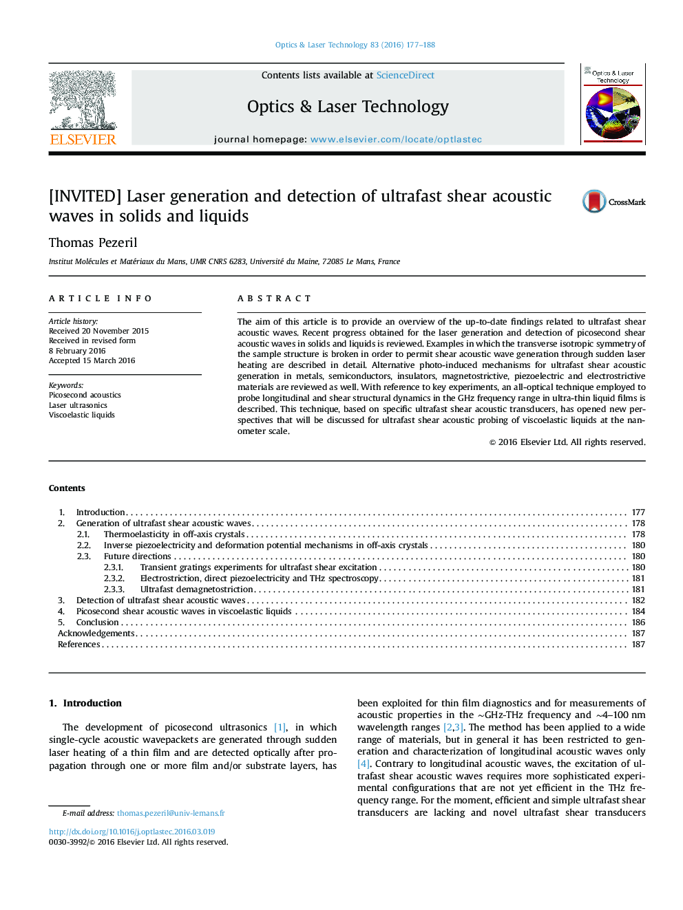 [INVITED] Laser generation and detection of ultrafast shear acoustic waves in solids and liquids