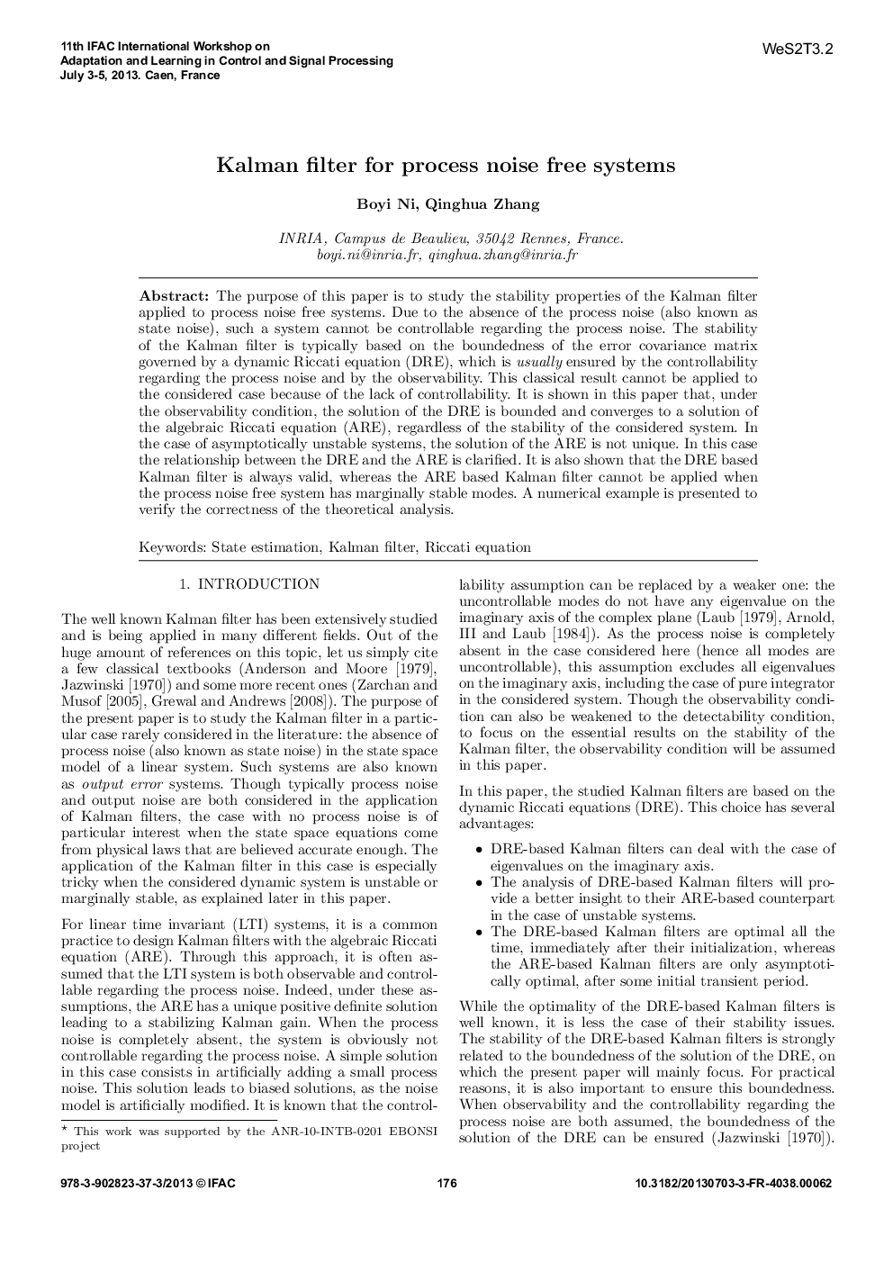 Kalman filter for process noise free systems 