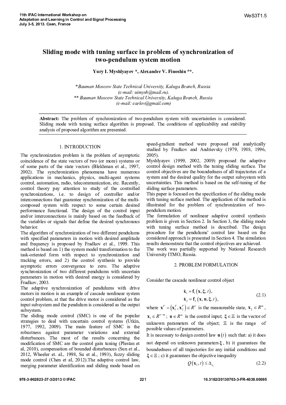 Sliding mode with tuning surface in problem of synchronization of two-pendulum system motion