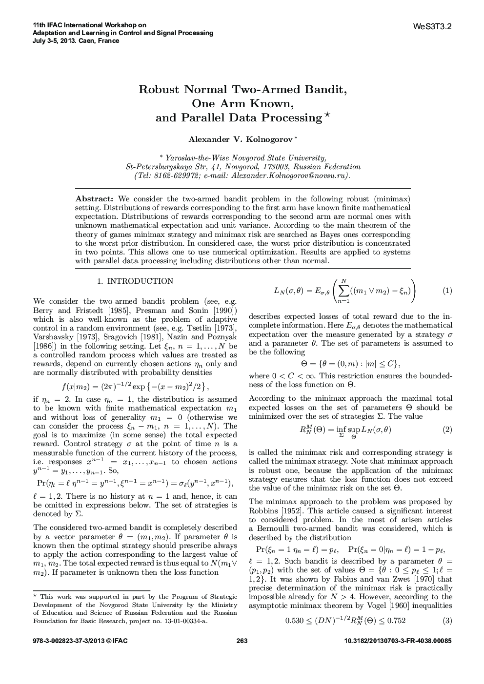 Robust Normal Two-Armed Bandit, One Arm Known, and Parallel Data Processing 