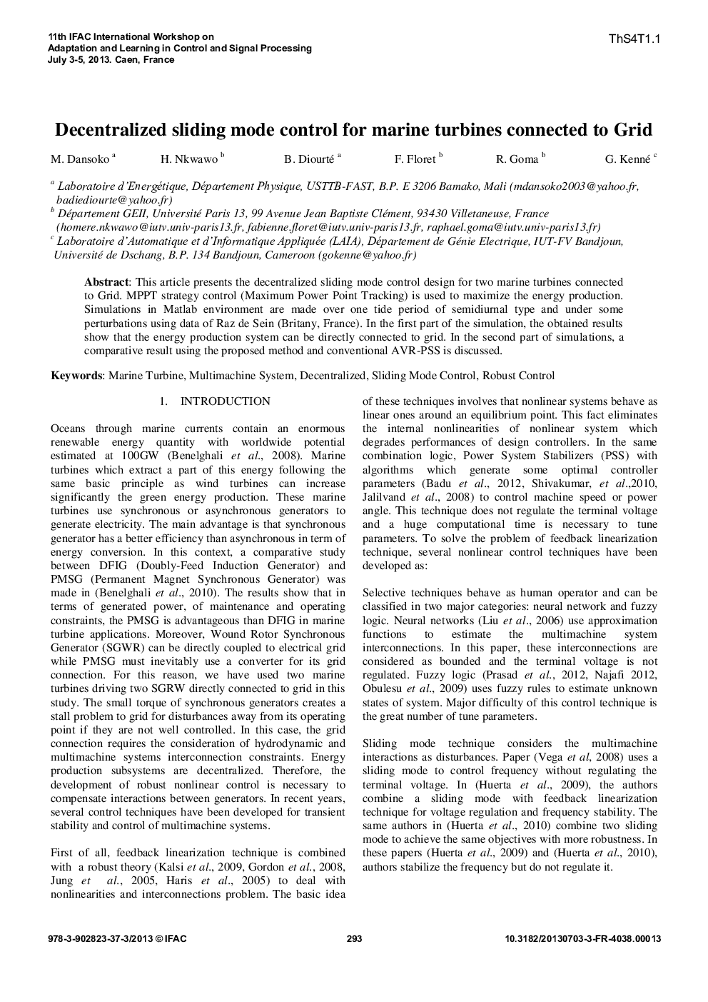 Decentralized sliding mode control for marine turbines connected to Grid