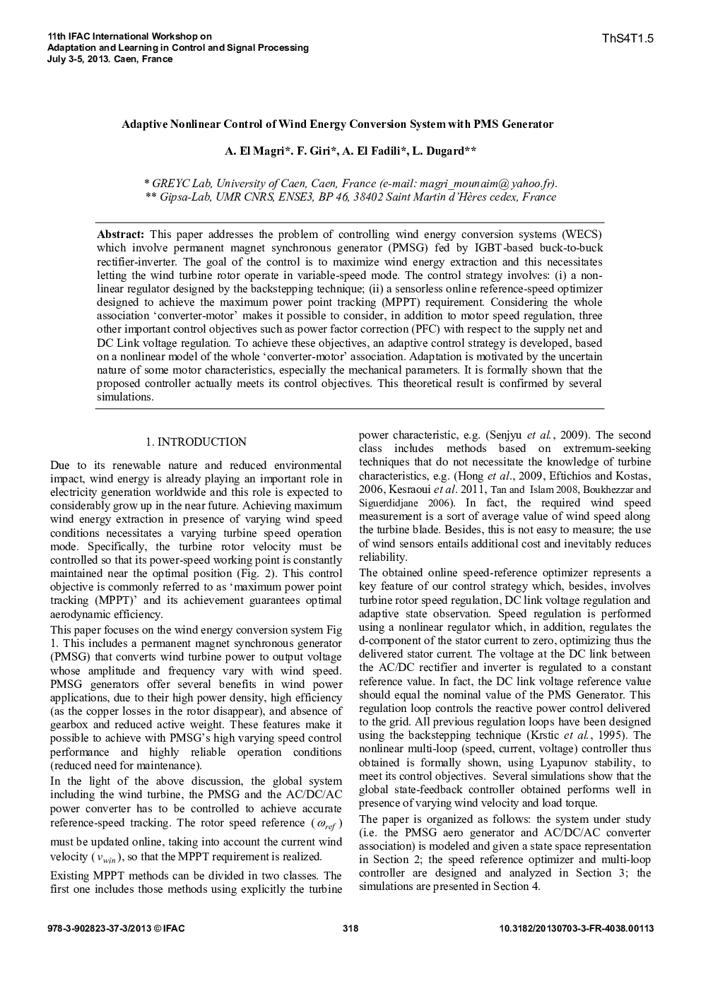 Adaptive Nonlinear Control of Wind Energy Conversion System with PMS Generator