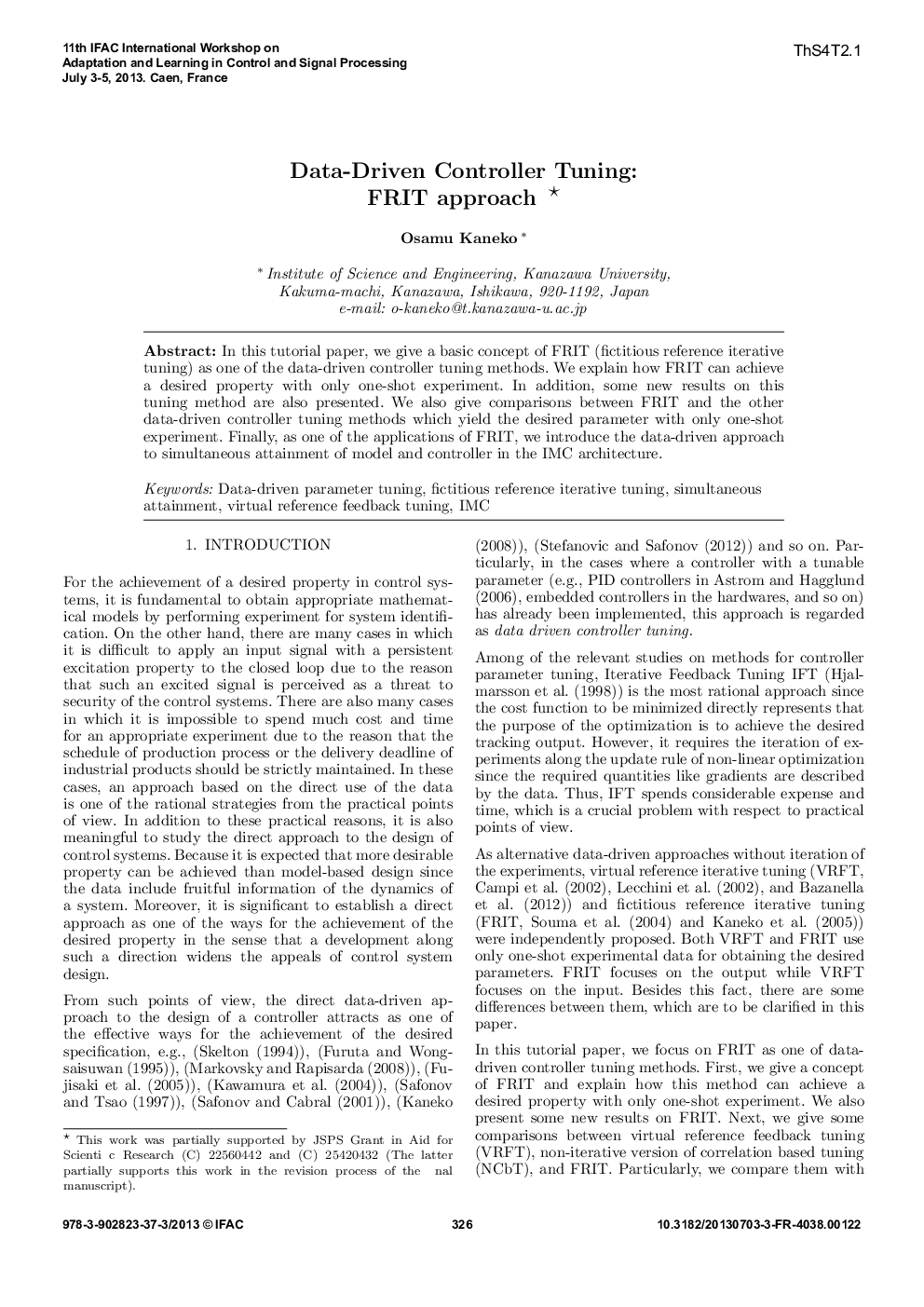 Data-Driven Controller Tuning: FRIT approach 