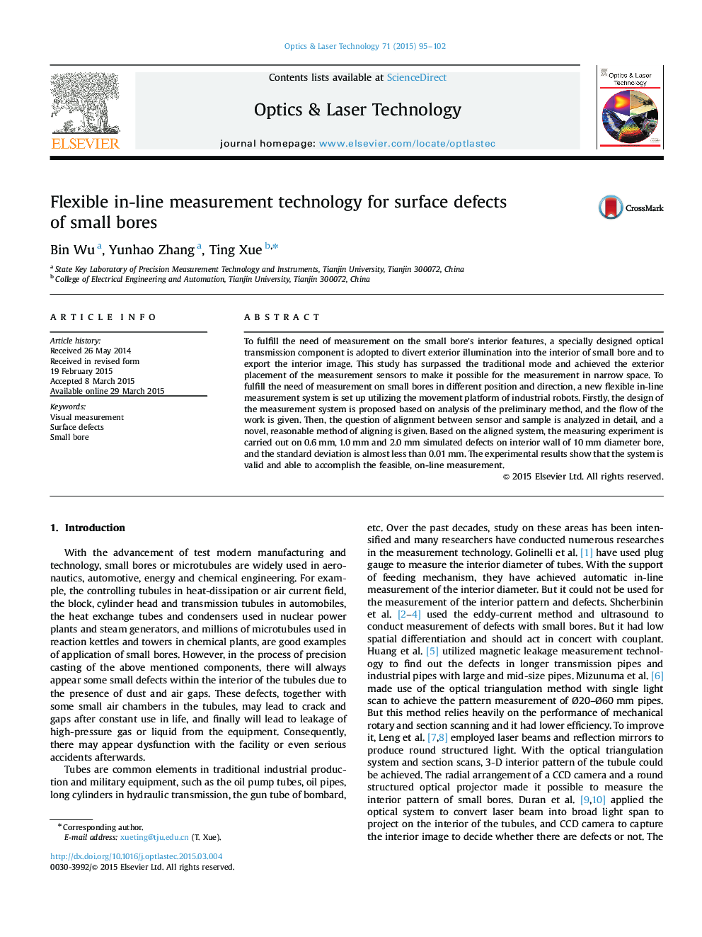 Flexible in-line measurement technology for surface defects of small bores