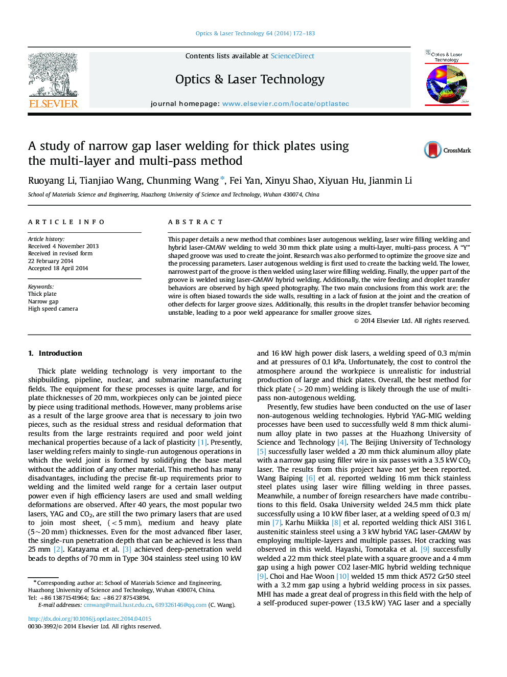 A study of narrow gap laser welding for thick plates using the multi-layer and multi-pass method