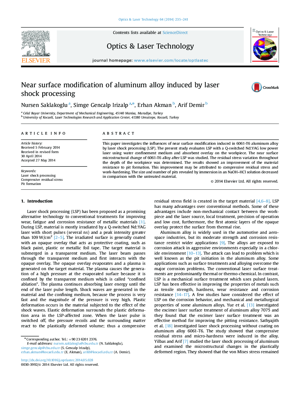 Near surface modification of aluminum alloy induced by laser shock processing