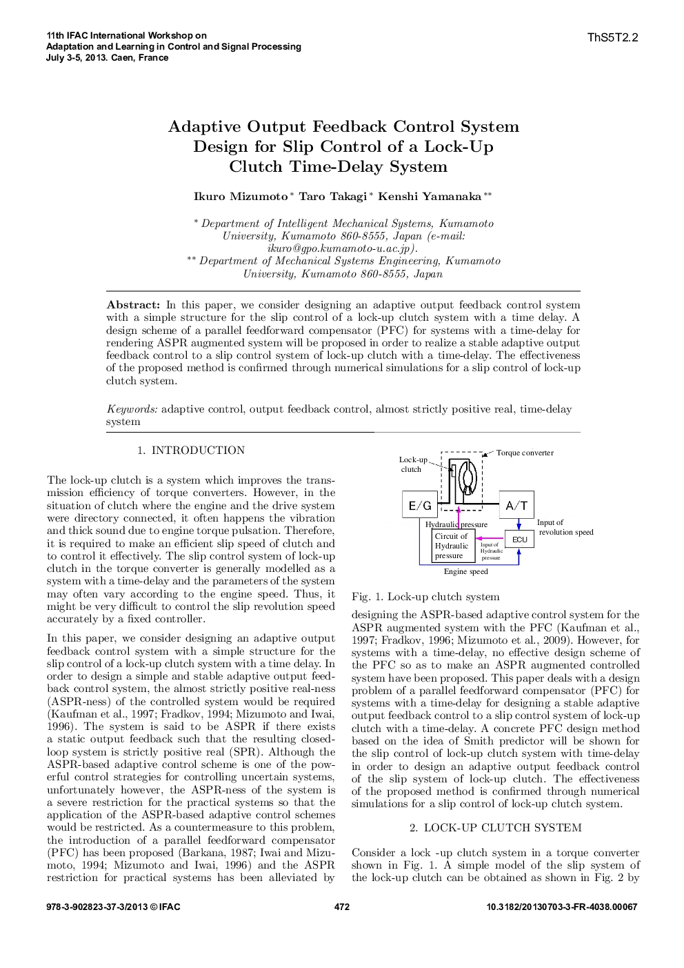 Adaptive Output Feedback Control System Design for Slip Control of a Lock-Up Clutch Time-Delay System