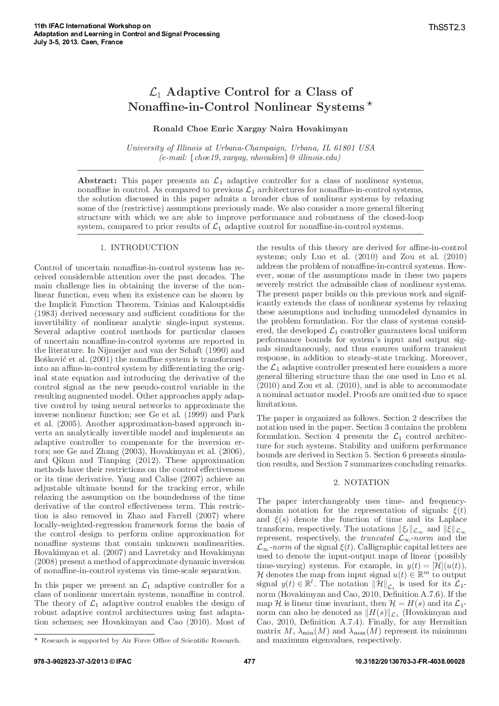 L1 Adaptive Control for a Class of Nonaffine-in-Control Nonlinear Systems 