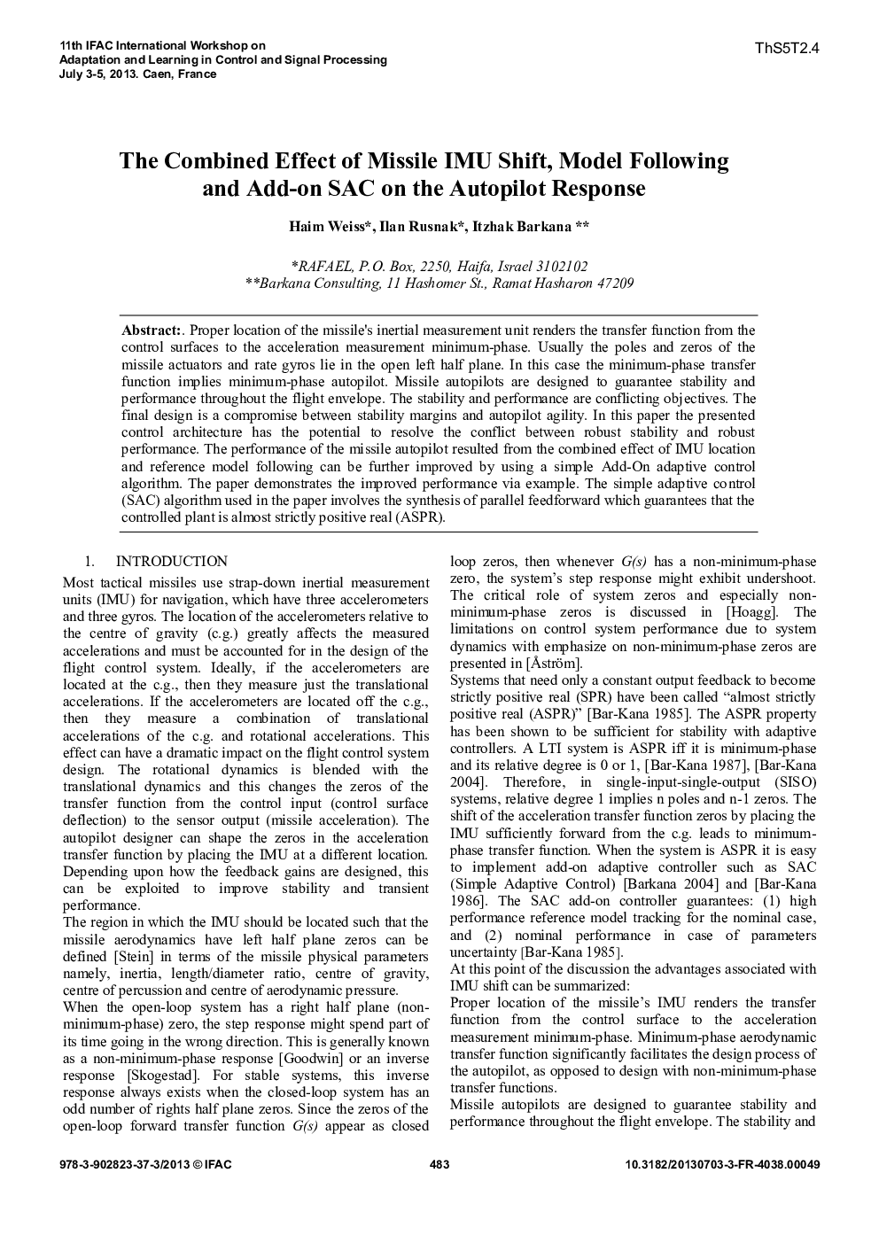 The Combined Effect of Missile IMU Shift, Model Following and Add-on SAC on the Autopilot Response