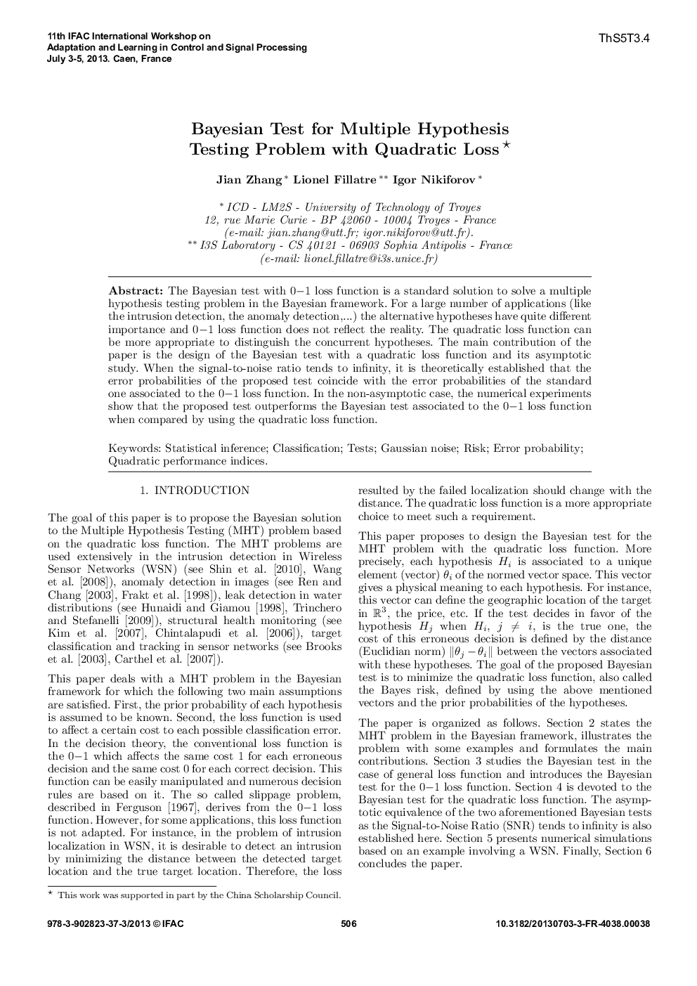 Bayesian Test for Multiple Hypothesis Testing Problem with Quadratic Loss 