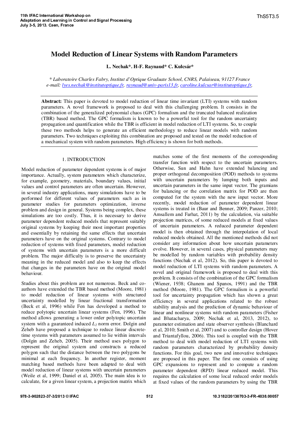 Model Reduction of Linear Systems with Random Parameters