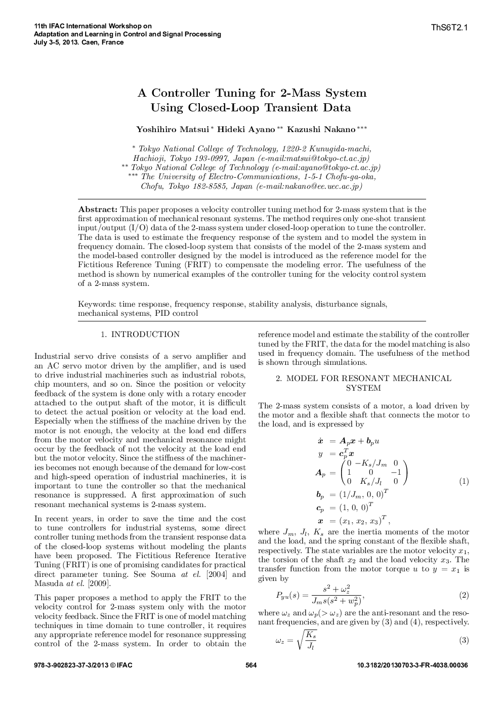 A Controller Tuning for 2-Mass System Using Closed-Loop Transient Data